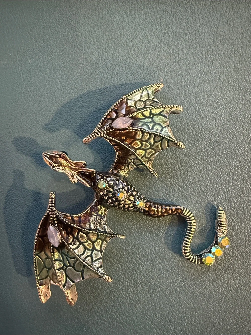 Dragon Brooch Lapel Pin Teal & Black- Gold and Iridescent Rhinestone